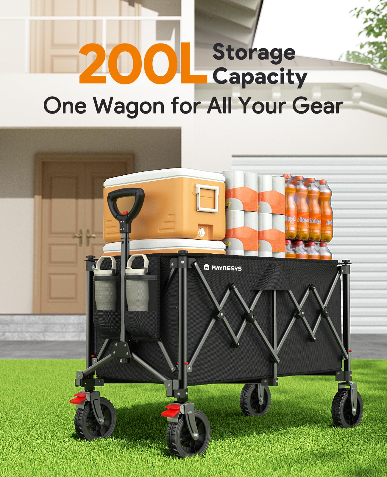 Collapsible Foldable Wagons with Wheels, 440lbs Capacity Wagons Carts Foldable, Utility Wagon Carts with Brakes for Grocery, Camping, Sports