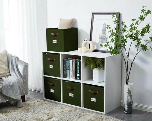 DECOMOMO Storage Baskets - 13x15x13 Cube Bins with Labels for Organized Shelves | Olive Green (4-Pack)