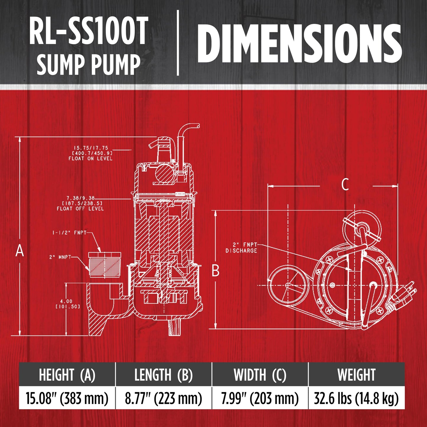Red Lion RL-SS100T 115 Volt, 1 HP, 5300 GPH Premium Submersible Stainless Steel Sump Pump with Tethered Switch and 20-Ft. Cord, Black, 14942782