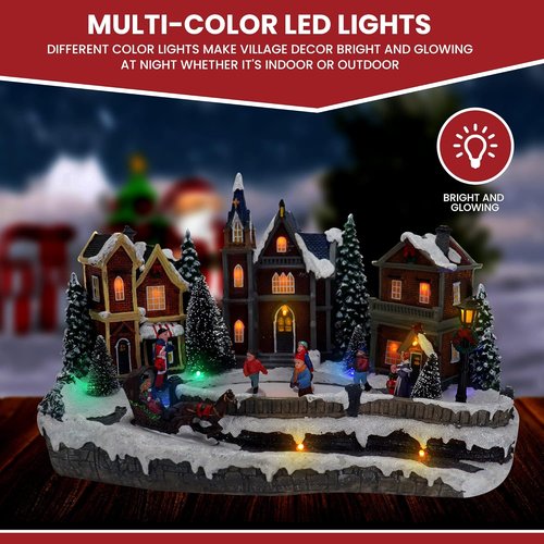 Large Animated Christmas Village - Lighted Musical Snow Scene with 4 Moving Skaters | Resin Decor