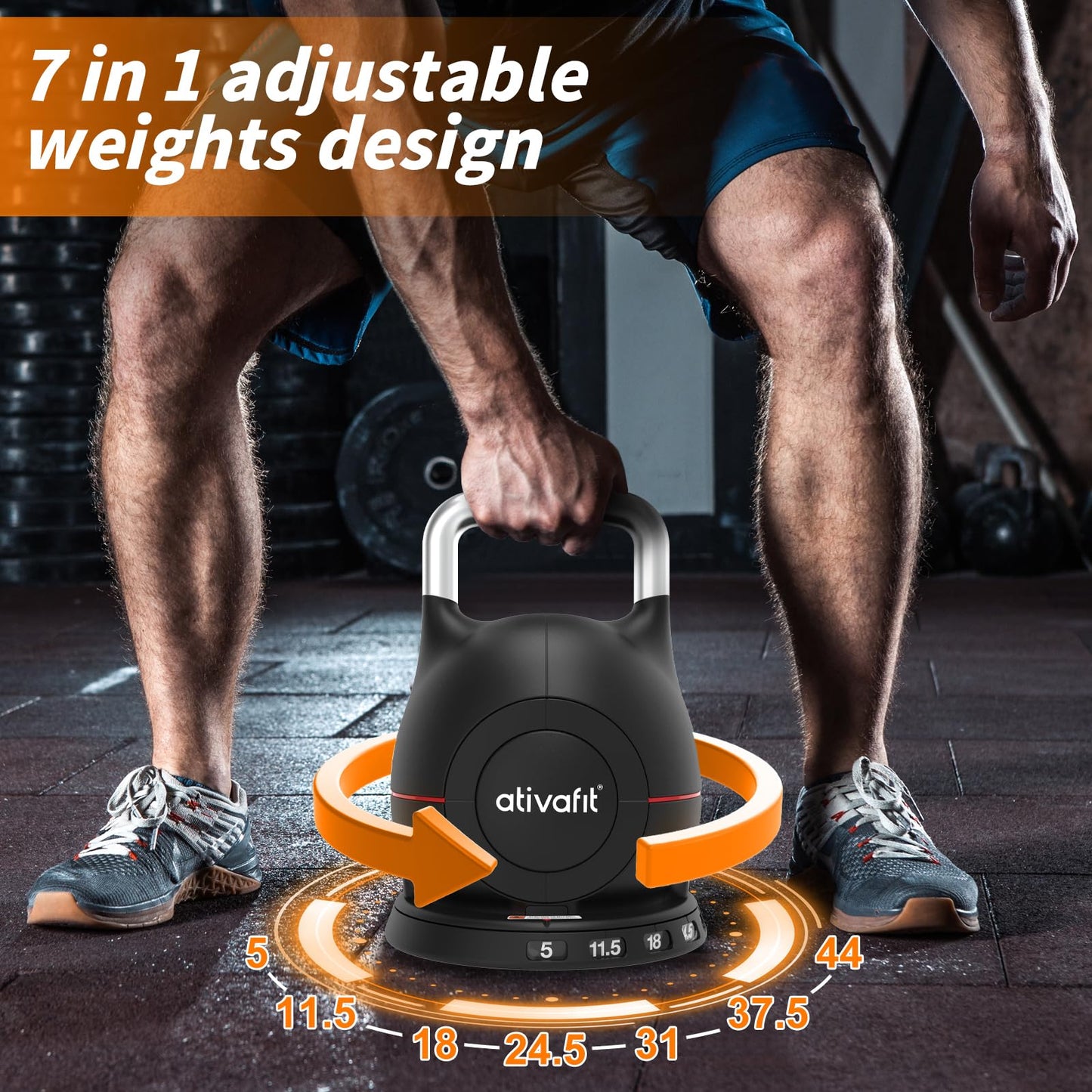 Ativafit 7 in 1 Adjustable Kettlebell 5-44lbs Adjustable Kettlebell with Solid Aluminum Handle Quick Adjustment Weights With Safety Locking Systerm Space Saving Strength Training For Women and Men Full Body Home Gym Workout