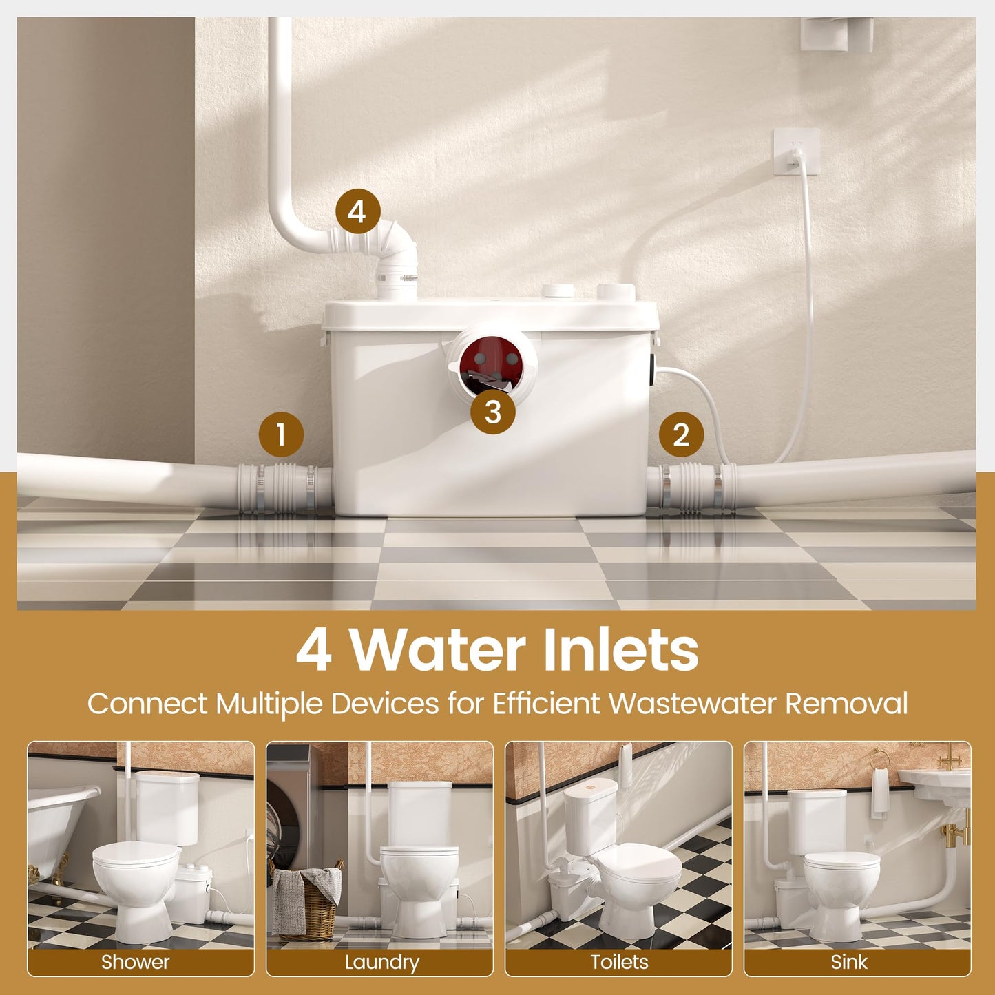 SUPERFLO Macerating Toilet System 500W Upflush Toilet for Basement with 4 Water Inlet for Basements & Garage, Macerator Toilets Pump System - Easy Install & 1.28GPF Dual Flush
