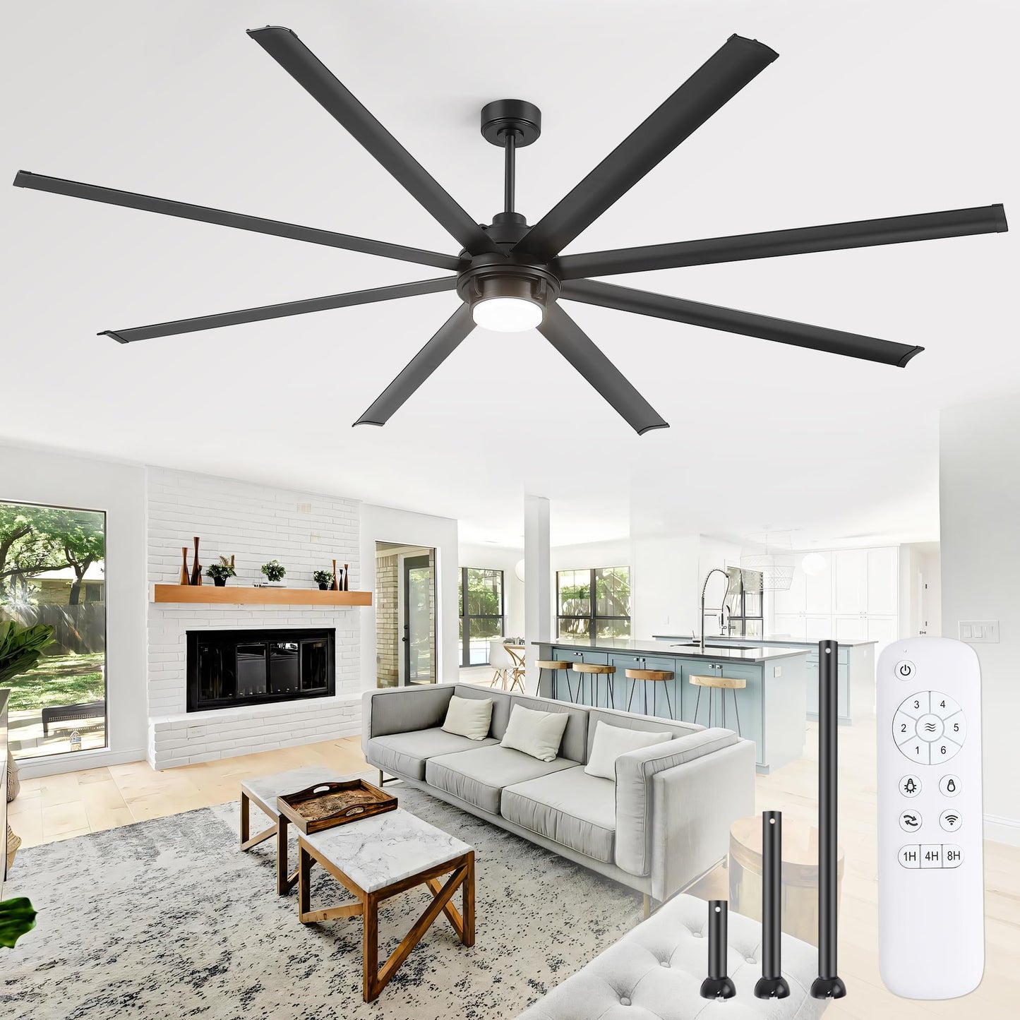 Fanbulous 96 inch Large Ceiling Fan Outdoor Industrial Ceiling Fan with Light and Remote, 6-Speed, 3CCT, 8 Aluminum Blades, Modern Black Big Assed Ceiling Fans for Patios Garage Shop Porch Indoor