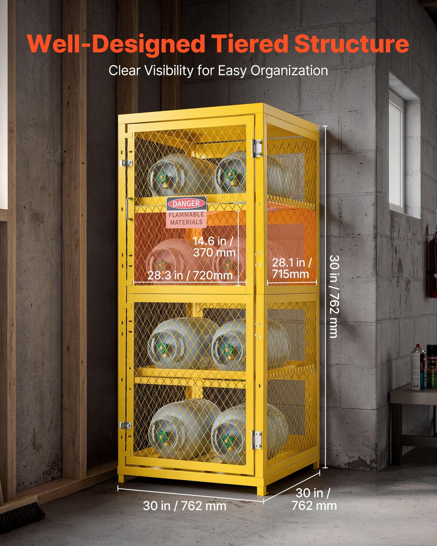 VEVOR Horizontal Cylinder Storage Cabinet, 30"L x 30"W x 70.3"H, 8 Cylinder Capacity, 4-Tier Propane Storage Cage, with Lock and Keys, Yellow Powder-Coated Carbon Steel, for Propane, Oxygen, Nitrogen