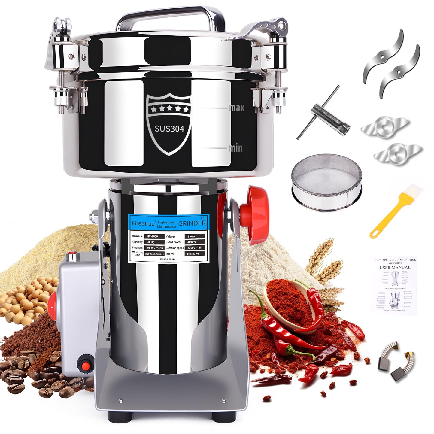 Greatrue 2000g Electric Grain Mill Grinder, 304 Stainless Steel Flour Mill, 3600W High Speed Spice Grinder, Electric Grain Mill for Dry Wheat, Oats, Corn, Pepper and Coffee Beans