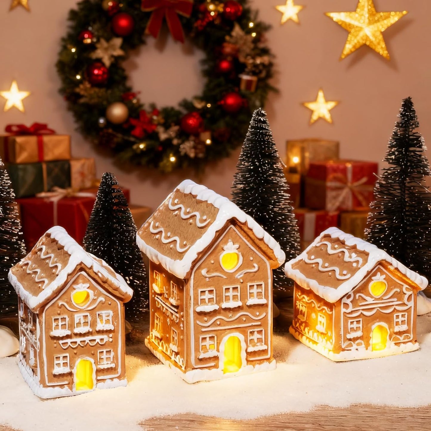 Skiennix Christmas Gingerbread House Kit - 3PCS Resin Mini Village Decorations for Home Decor