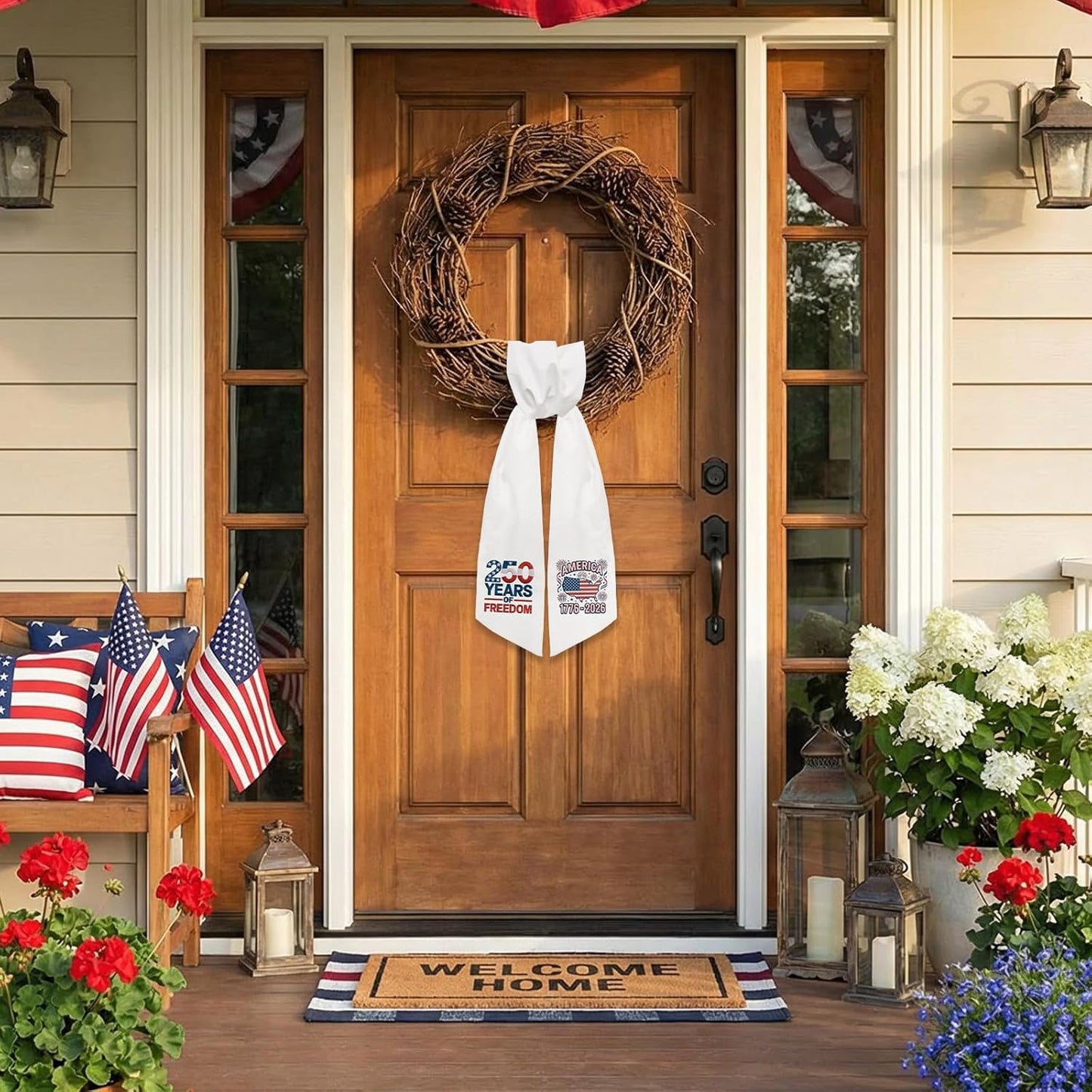 USA 250 Years Freedom Wreath Sash - Patriotic Front Door Decor with American Map Ribbon