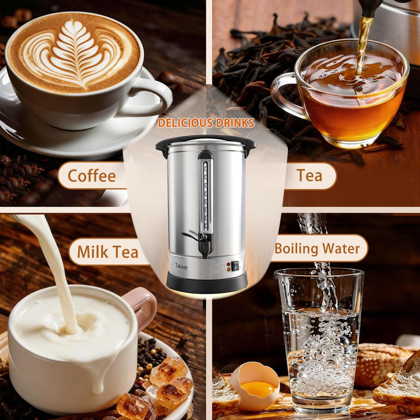 Takiesy Commerical Coffee Maker Urn 120 Cup Coffee Dispenser with Upgraded Percolator, Stainless Steel Fast Brew and Stay Hot Mode Beverage Dispenser Large Coffee Maker for Catering Party