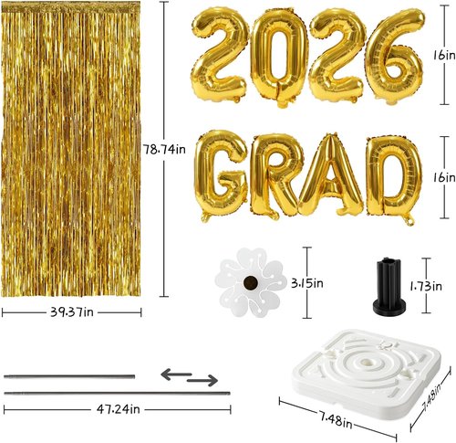Graduation Balloon Columns Kit by 2026 - Set of 4 Stands with Gold Fringe Curtain for Party Backdrop