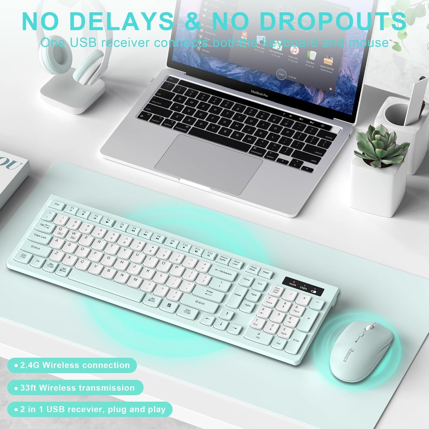 RECCAZR 2.4GHz Silent Keyboard and Mouse Combo Wireless,ful-Sized Wireless Keyboard and Adjustable DPI Mouse, USB