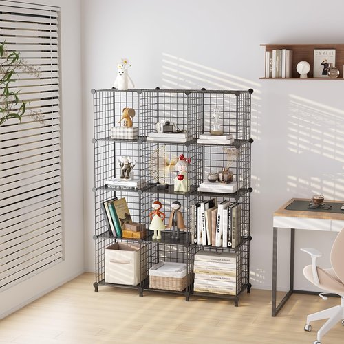 ATTDETJL 12-Cube Storage Organizer, Metal Wire Cube Shelving Unit, 11.8" L x 11.8" W x 11.8" H, Modular Grid Bookshelf for Closet, Bedroom, Office, Black ATTJL12B