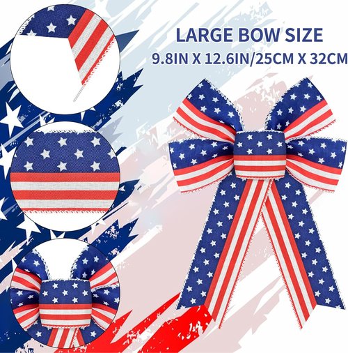 MuPera Patriotic Bow Set - 6 Pcs Red, White & Blue Wreath Bows for Independence Day Decor