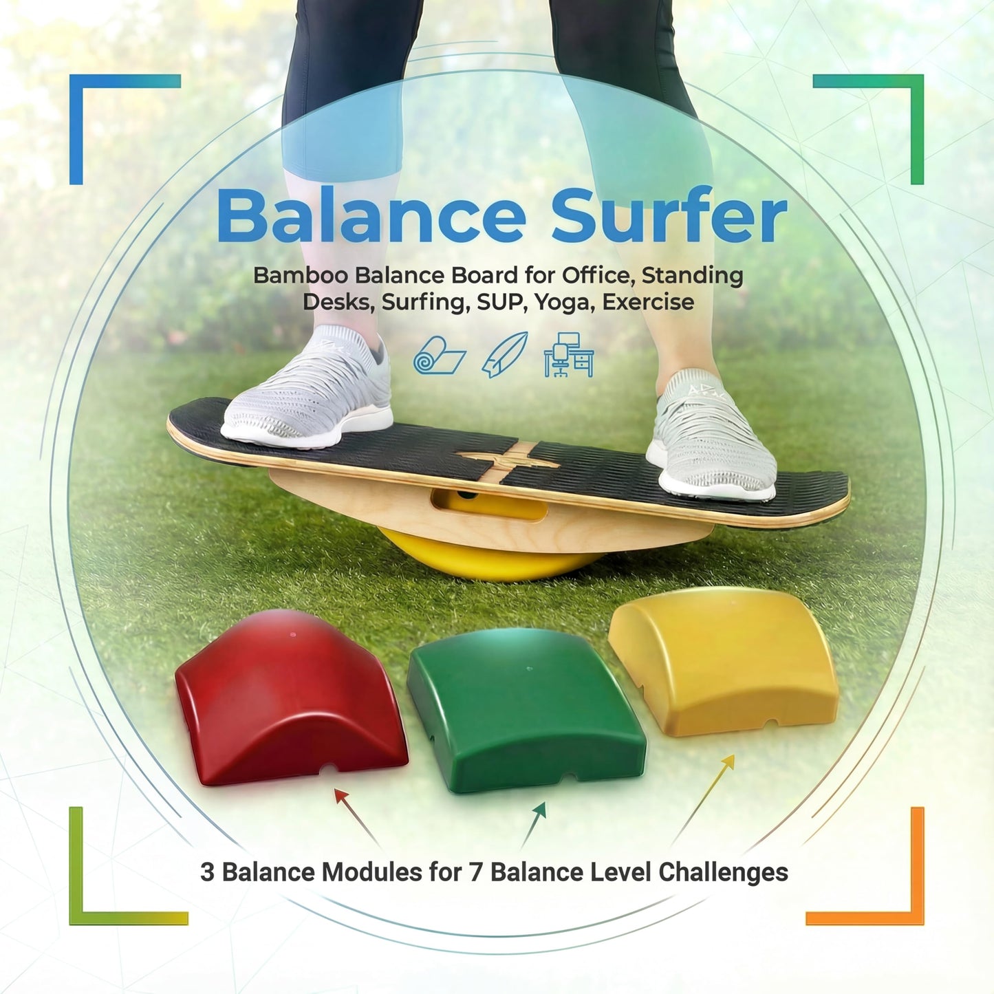 Blue Planet Balance Surfer | Bamboo Balance Board for Office, Standing Desks, Surfing, SUP, Yoga, Exercise! Includes 3 Balance Modules (EVA Foam)