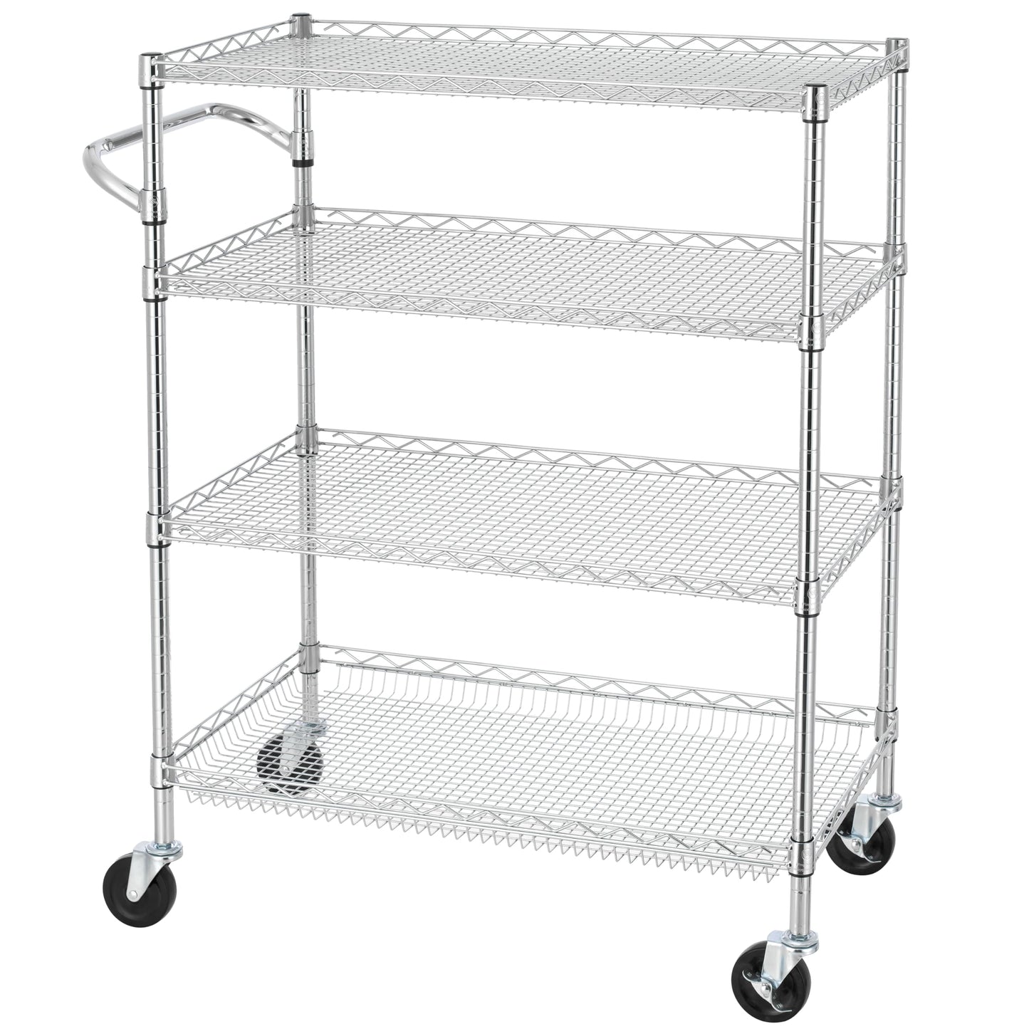 Finnhomy 4 Tier Heavy Duty Commercial Grade Rolling Cart with Handle Bar, Metal Wire Utility Cart with Wheels, Kitchen Service Trolley on Wheels, Shelf Size 18" D x 36" W, NSF, Chrome