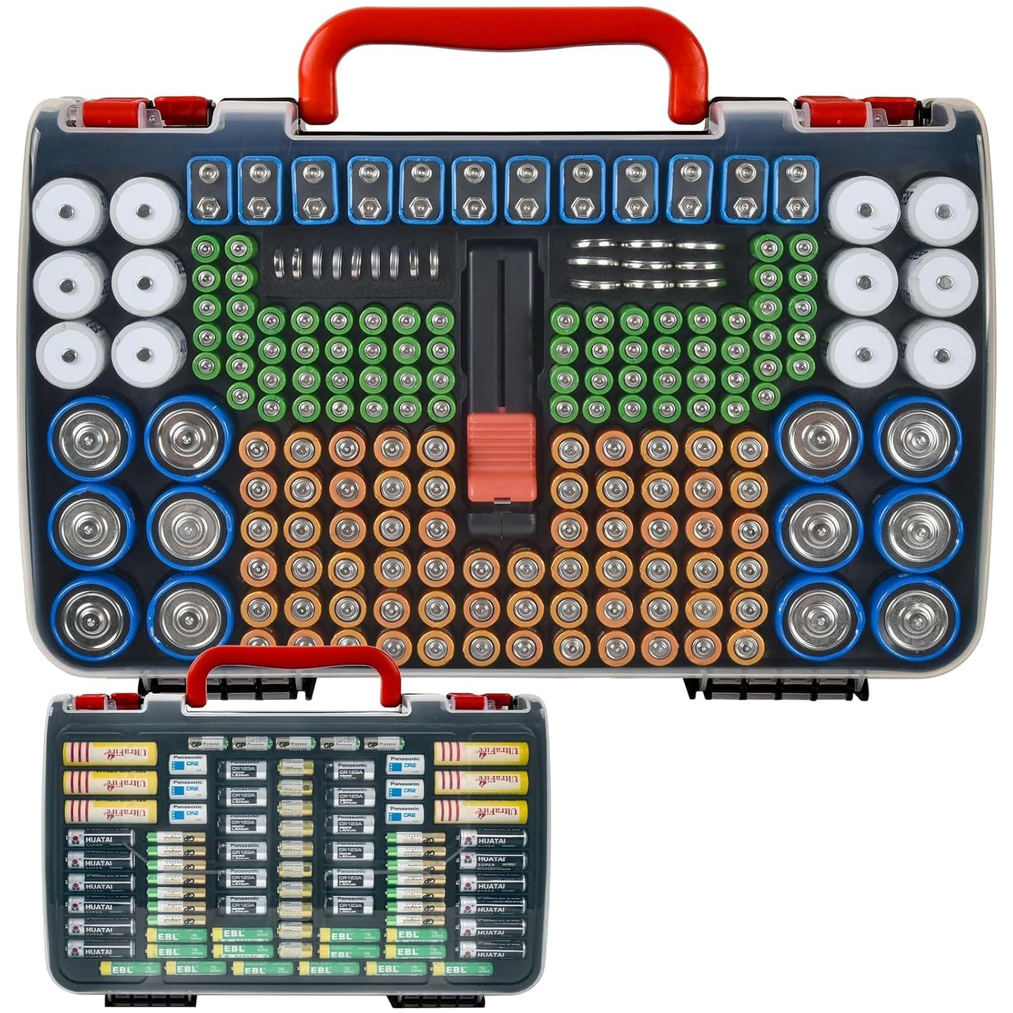 BT-168 269, 9V 18650 CR123A CR2 23A 4LR44 FULLCASE Double-Sided Battery Storage Organizer Case with Tester, Holds Fits