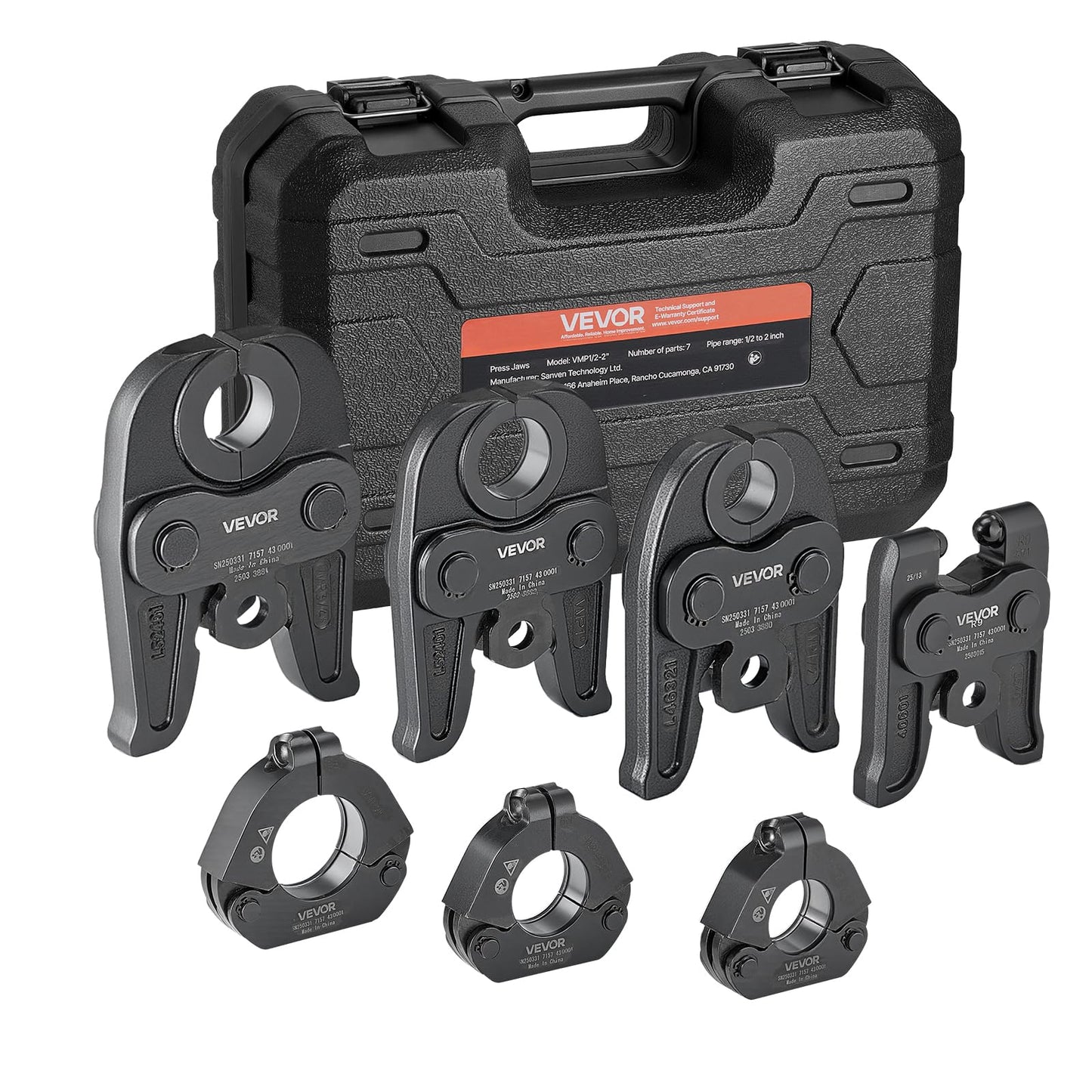 VEVOR 7PCS VMP Pressing Kit 1/2" to 2" - 3PCS Press Jaws, 3PCS Press Rings, 1PCS Actuator - Compatible with Megapress Carbon Steel Pipes, Work with 32KN Standard Press Tools - with Case