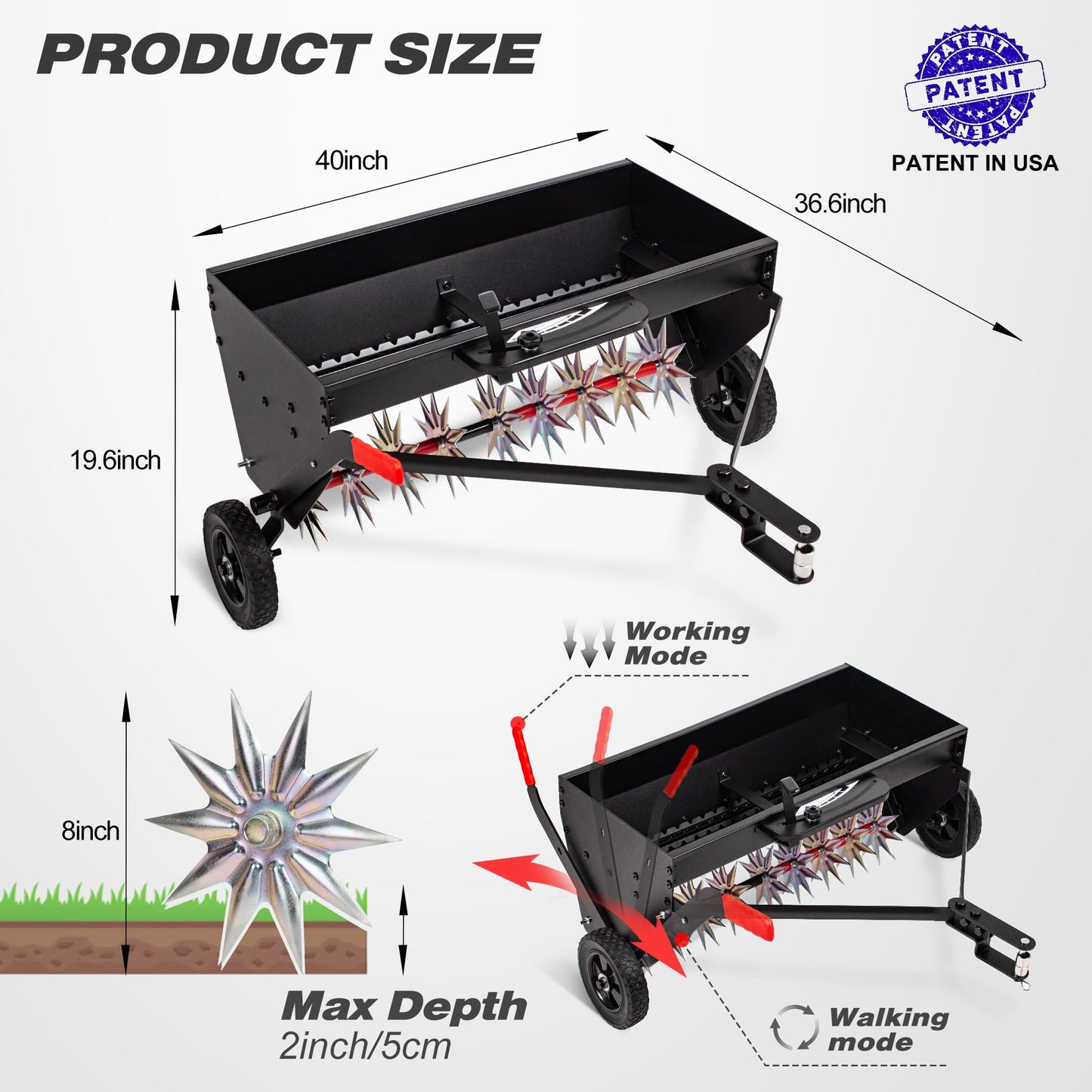 Suchtale Upgrade 40-Inch Tow Behind Spiker Seeder,Combination Tow Spike Aerator,Broadcast Spreader,Steel Hopper Lawn Drop Seed Fertilizer and Spreader,Lawn Soil Aerator Spikes Tractor
