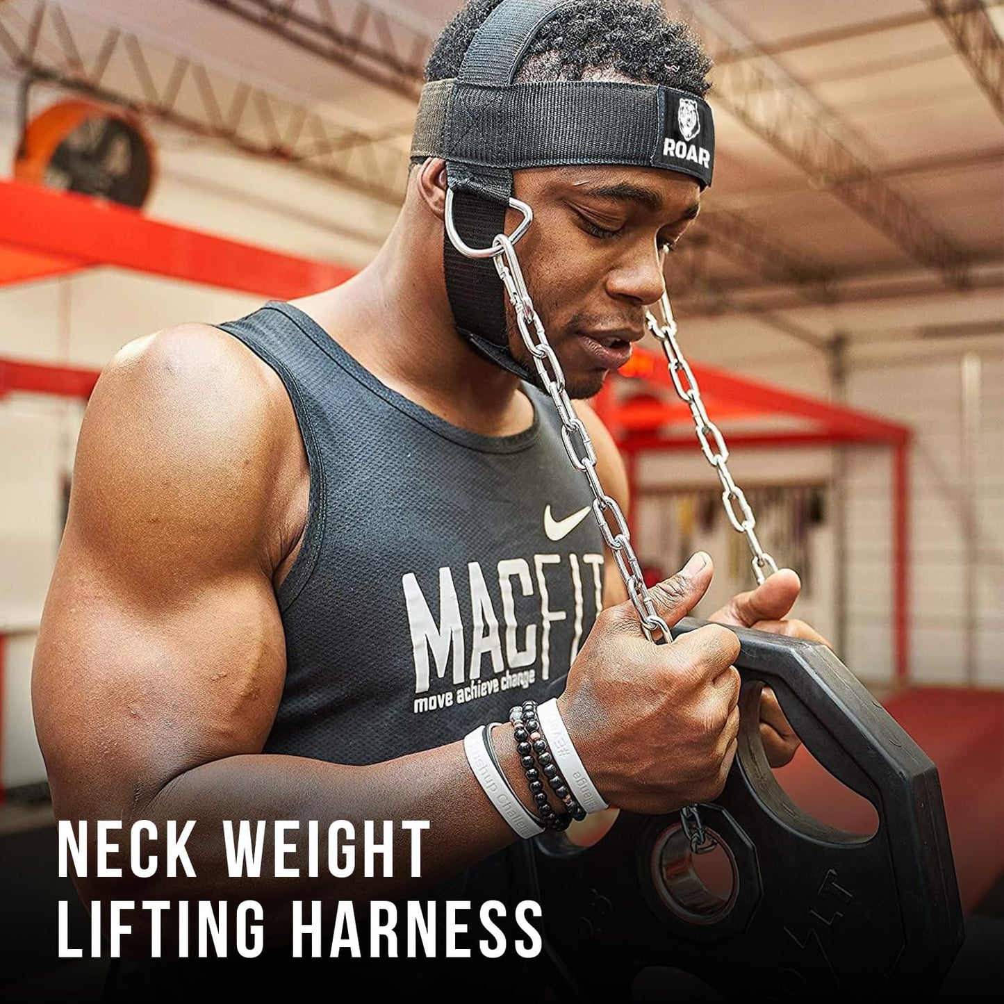 Roar® Neck Harness for Weight Training with Steel Chain & Heavy-Duty D-Rings – Padded Neoprene Head Strap, 4-Way Neck Strength Trainer for MMA, Boxing, Wrestling & Gym – Adjustable, Comfortable & Durable