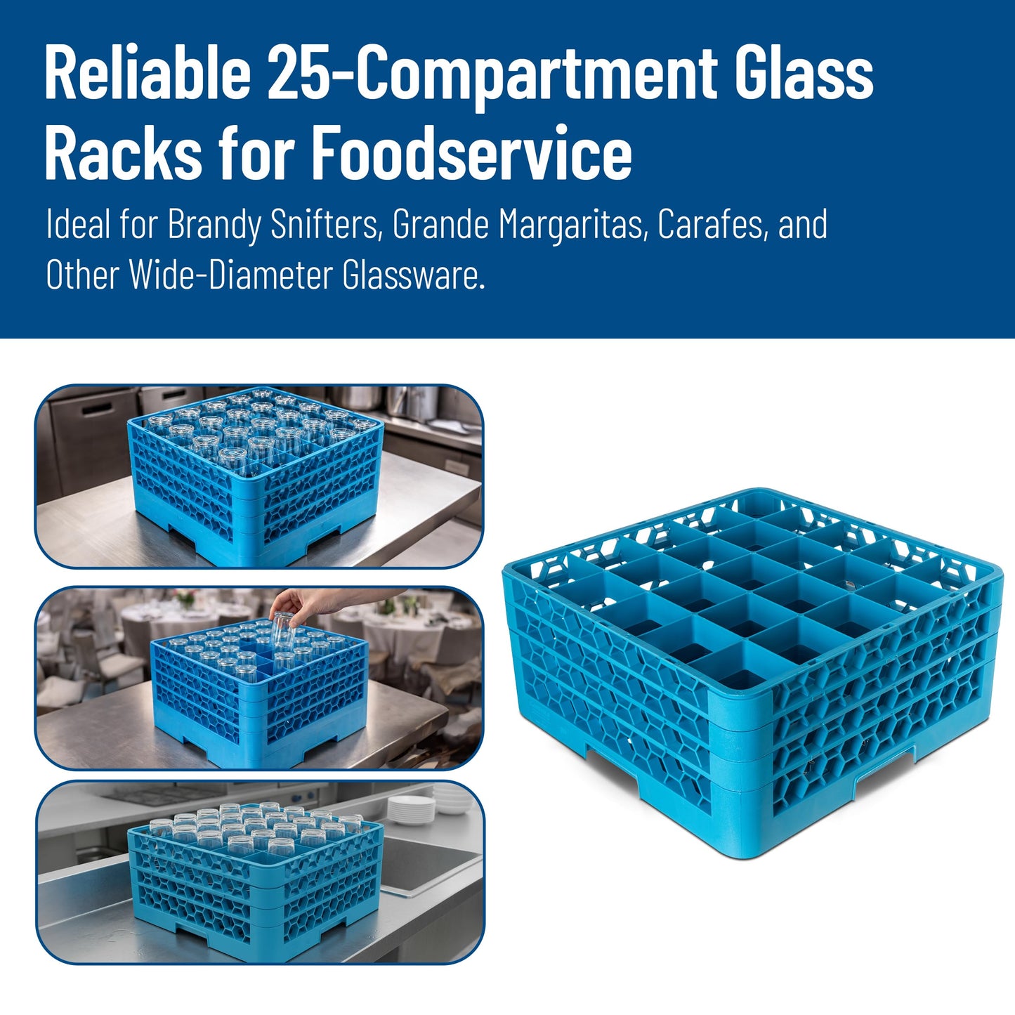 Carlisle FoodService Products OptiClean 25-Compartment Glass Racks With 3 Extenders for 3.19" Cups – Glass Racks for Restaurants Scratch-Resistant Texture, Blue, (Pack of 2)