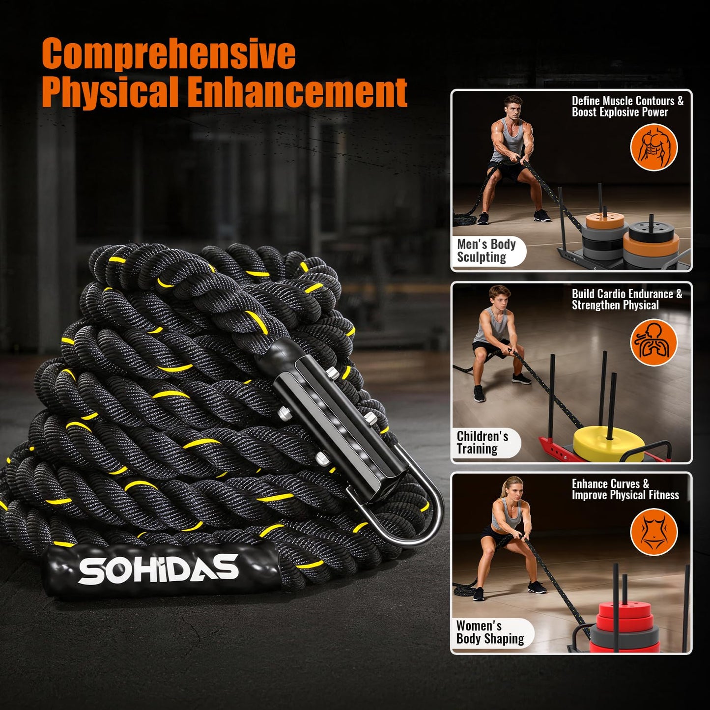 SOHIDAS 40FT Weight Sled Rope Workout Sled Pulling Ropes, Sled Push Gym Equipment Weight Sled Pull Rope for Training Tire Pulling Workout Fitness Resistance Football Exercise Equipment for Men Women