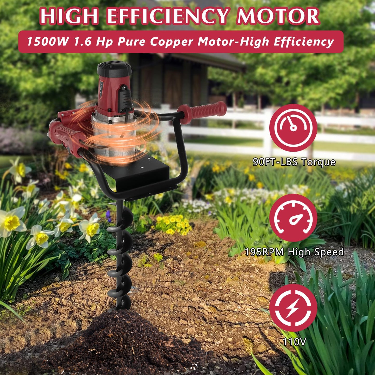 Post Hole Digger 1500W Earth Auger Hole Digger Electric Post Hole Digger w/4" & 6" Auger Bits Set for Fence Garden Farm Plant