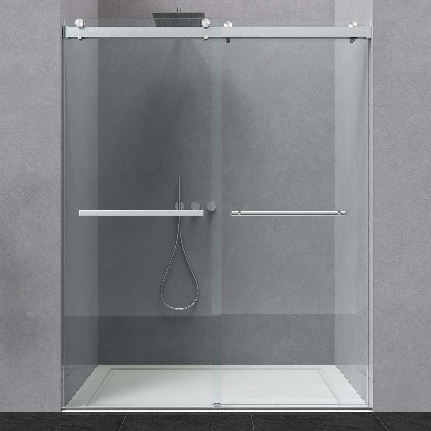 ENSO SENKA 56-60” W x 76” H Bathroom Dual Sliding Frameless Shower Door, 5/16" (8mm) Easy-to-Clean Treated Clear Tempered SGCC Glass, Brushed Nickel