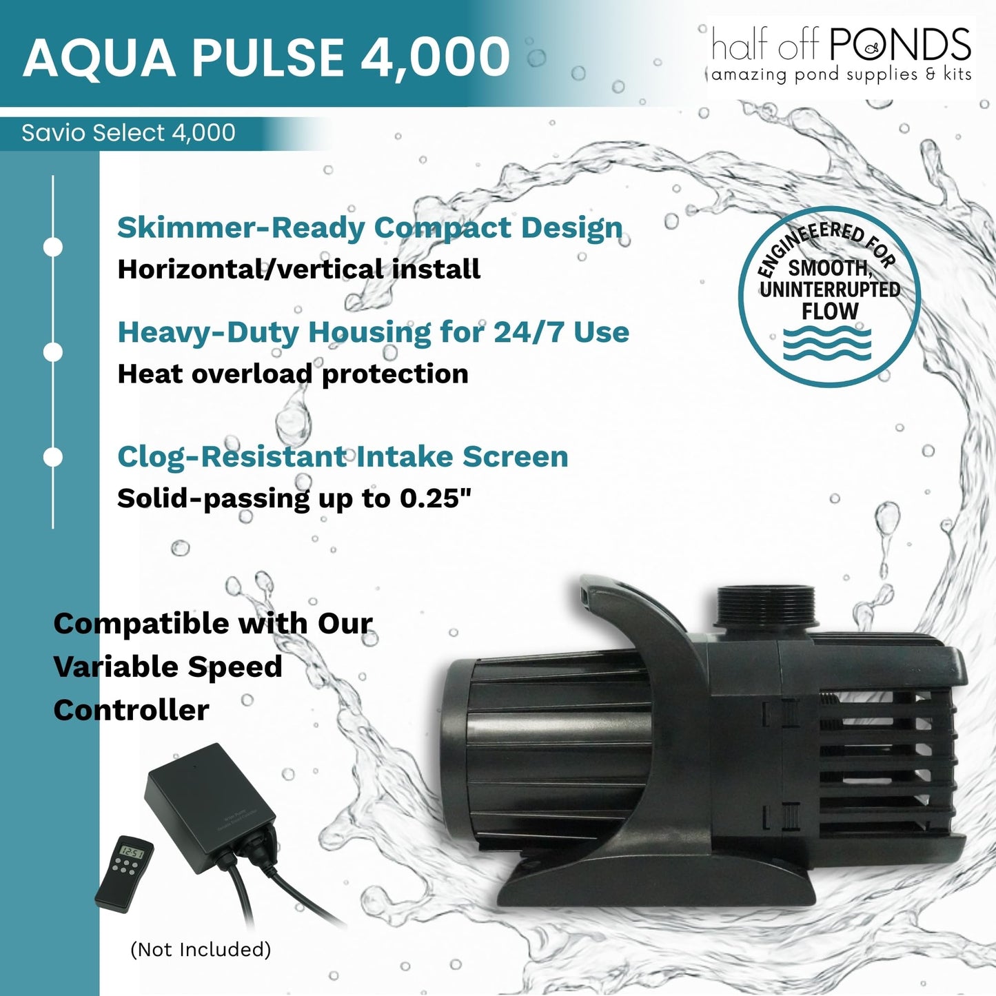 HALF OFF PONDS Savio Select 4,000 GPH Submersible Pump Pond Kit with 20' x 25' EPDM Rubber Pond Liner, UV Clarifier for Water Garden & Koi Pond