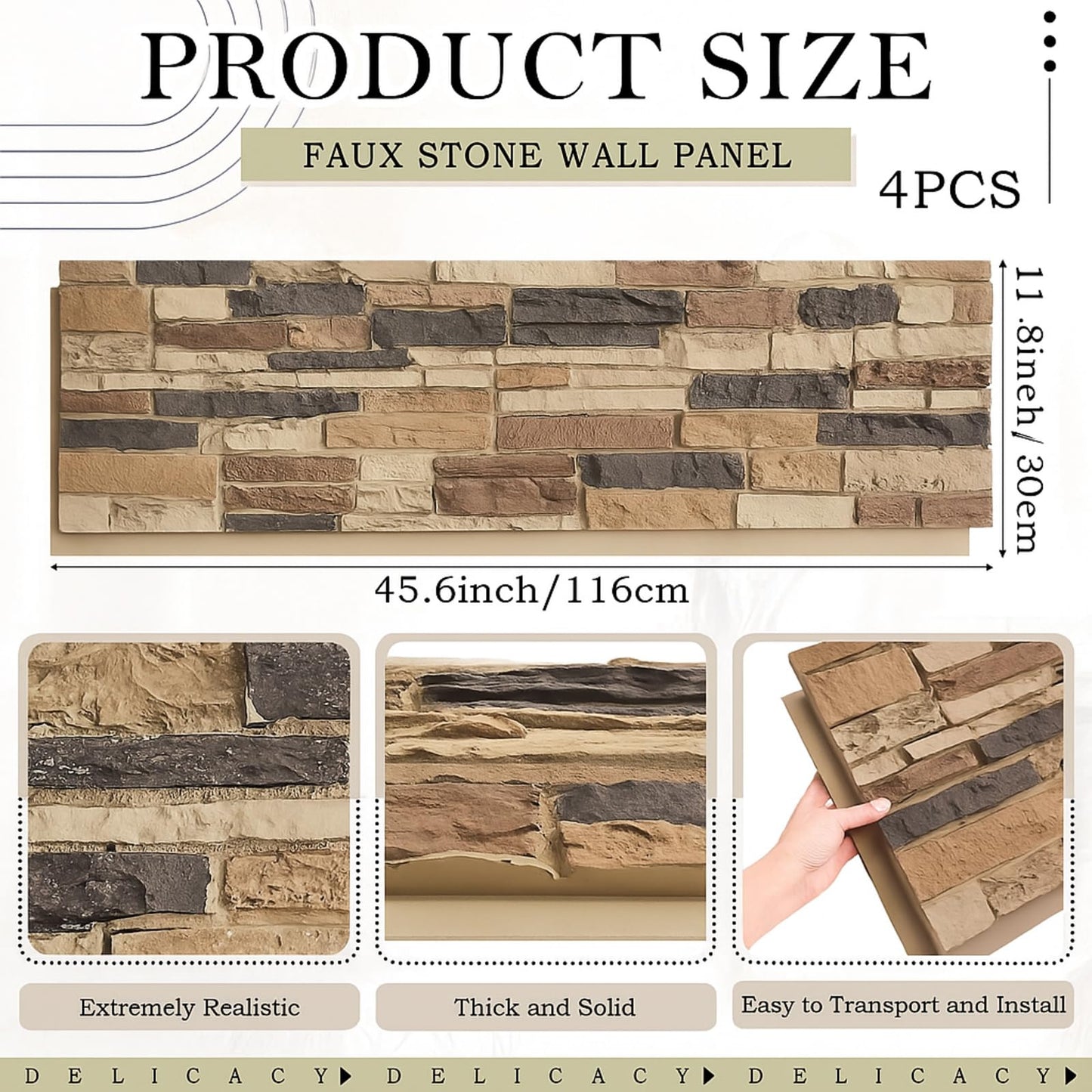 Maasechs 4 Pack Faux Stone Panels Interior 45.6''l x 11.8''h x 0.98''d Faux Siding Panels Exterior Artificial 3D Veneer for Wall Decor Outdoor Home Improvement Projects (PU,Light Brown)