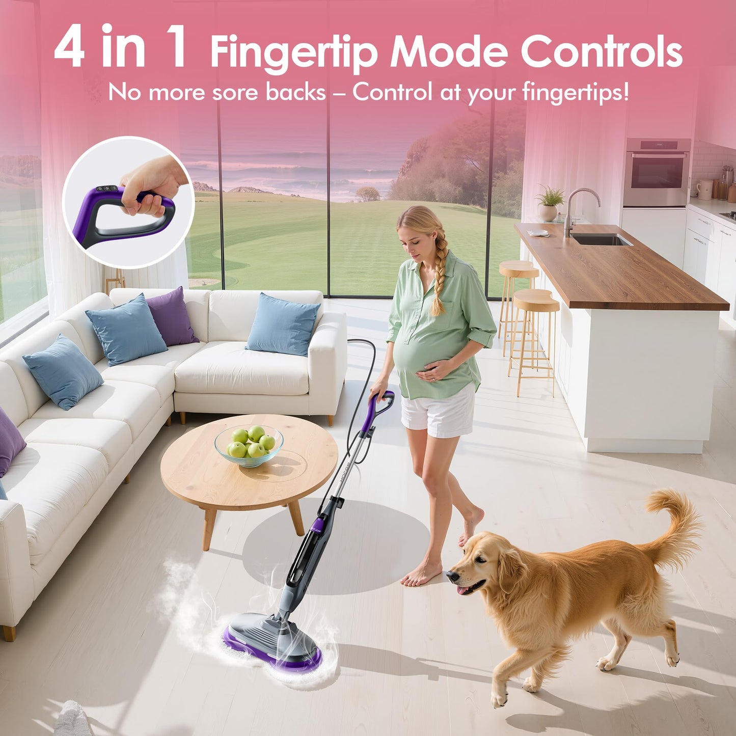 BOJUK Scrub & Steam Mop with Rotating Mop Pads, 4 Cleaning Modes & LED Headlights, 6 Scrub Pads, Large Tank, Swivel Steering, All-in-One Hard Floor Cleaner