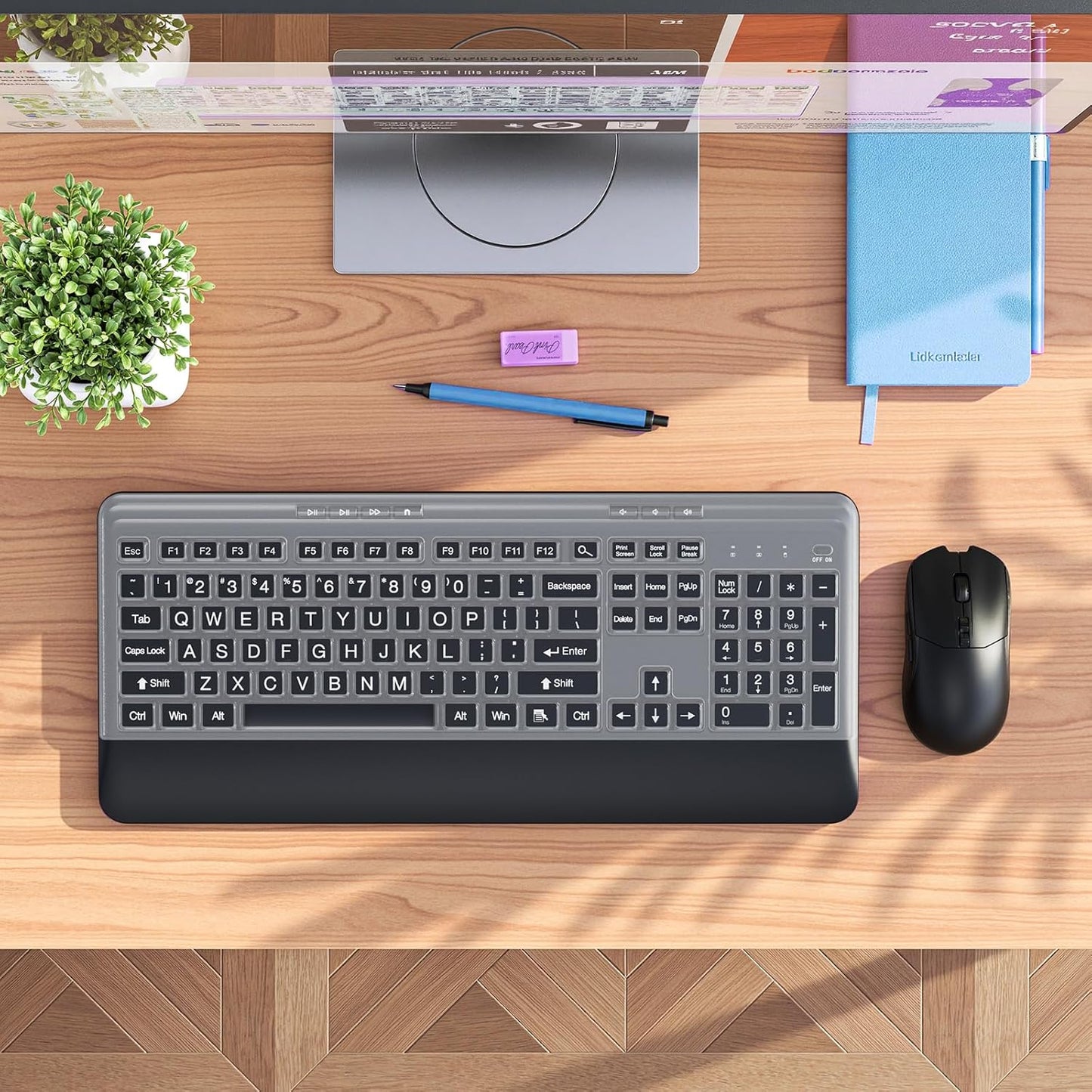 KOPJIPPOM 2.4GHz Silent Wireless Keyboard and Mouse Combo - Keyboard with Large Print Cover, Full-Sized Ergonomic