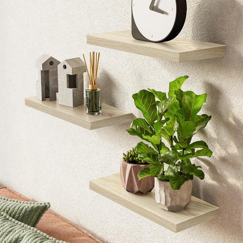 BAYKA Rustic Wood Floating Shelves - Wall Mounted Set of 3, 16 Inch, 22 lbs Capacity for Stylish Home Storage