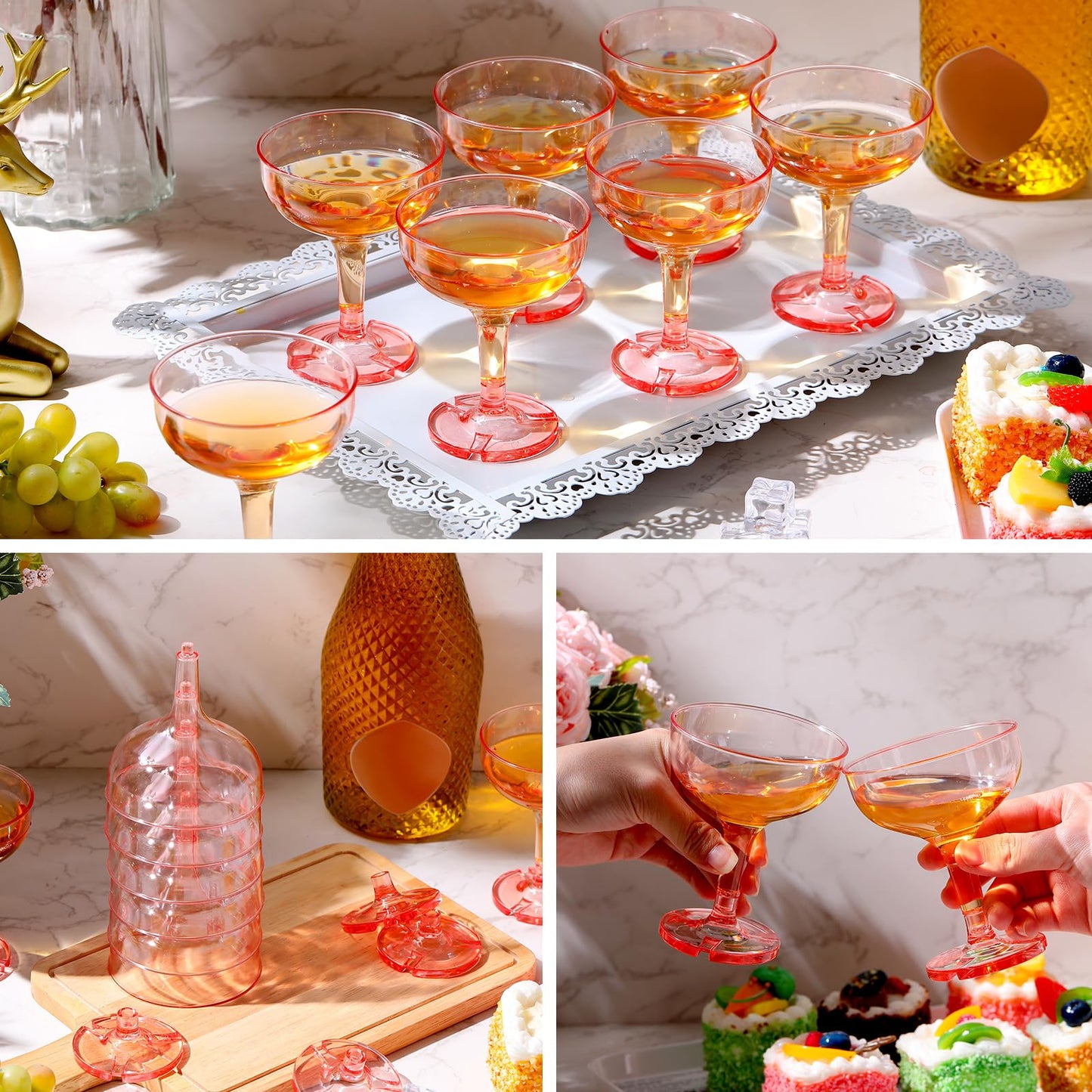 Zopeal 30 Pcs Plastic Champagne Tower Glasses - 5 oz Disposable Coupe Cocktail Cups for Graduation, Summer Pool Parties, Weddings, and Birthday Celebrations(Pink,Transparent)