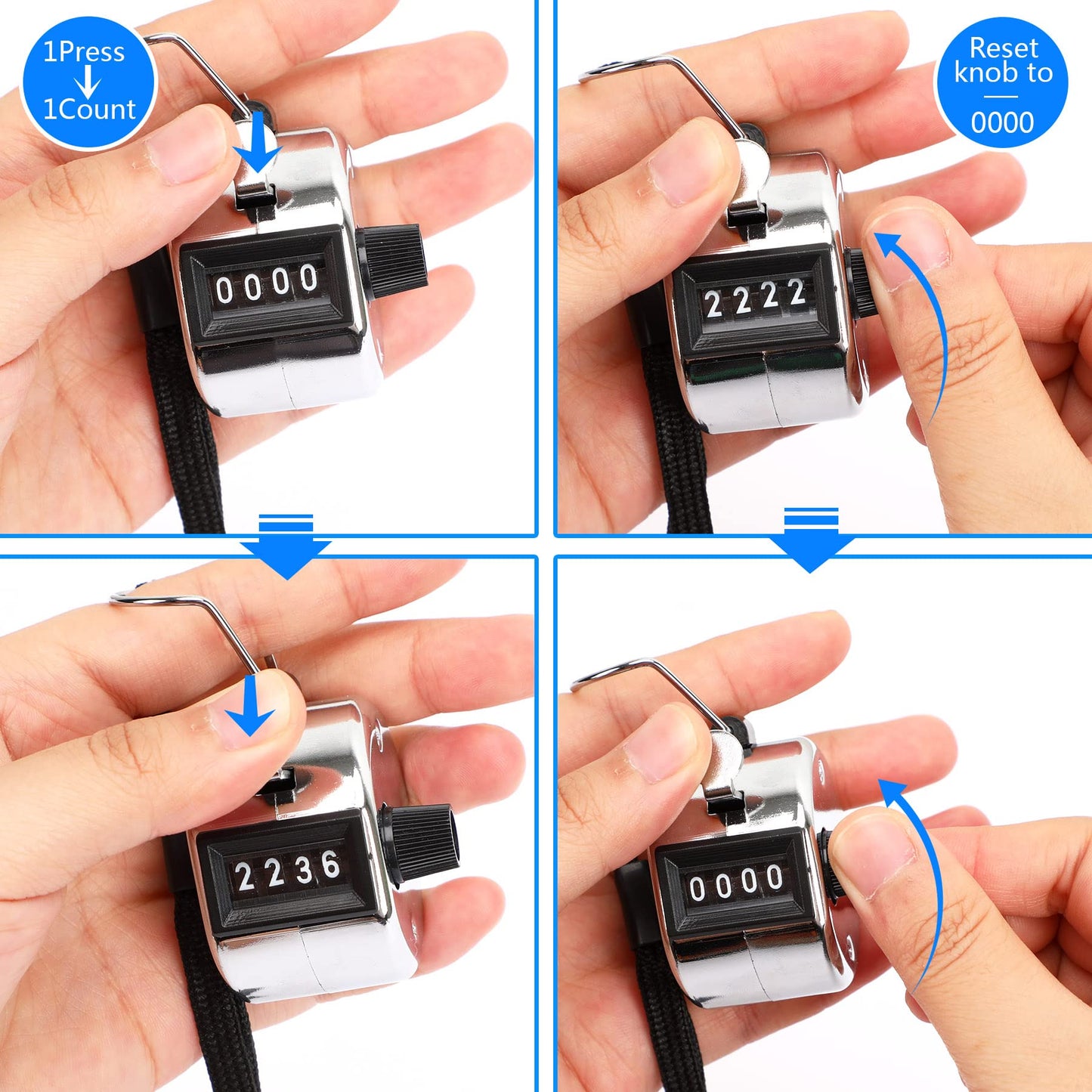 PETKNOWS Metallic Handheld Mechanical Counter Clicker, 5 Pcs 4-Digital Number Tally Click Counter for School Event Golf Sports Office Stadium