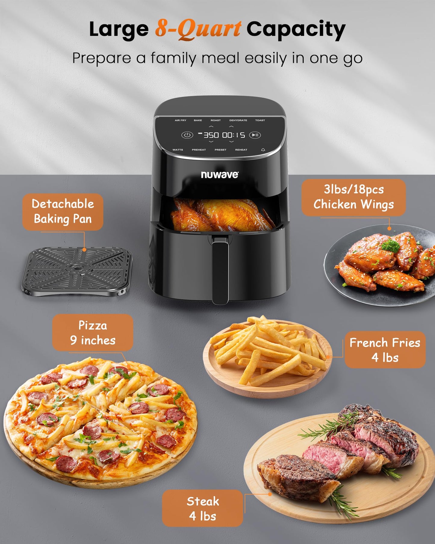 Nuwave Brio Plus Air Fryer 8 Qt, New & Improved, PFAS-FREE, 7 Digital One-Touch Cook Functions that AIR FRY, BAKE, ROAST, DEHYDRATE, TOAST, REHEAT, PREHEAT, 150 Presets, 50°F~400°F (Black)