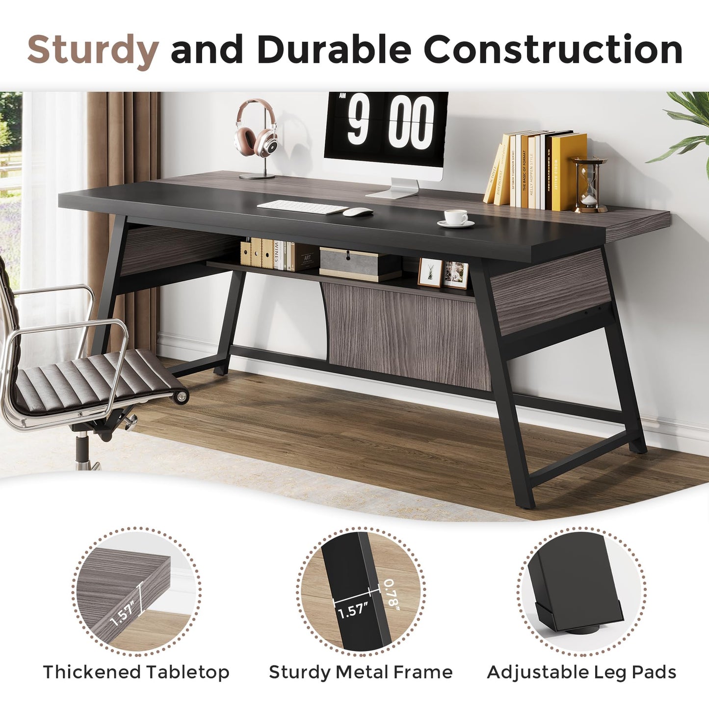 Condemo 63-inch Executive Desk with Storage Shelf, Large Home Office Desk with Metal Frame & LED Light, Long Computer Desks for Home Office, Gray and Black