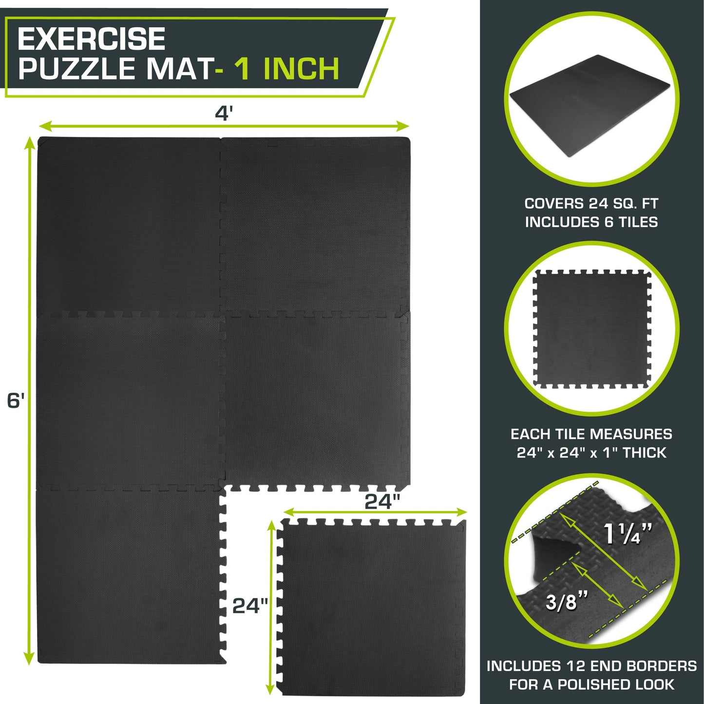 ProsourceFit Weaved Pattern Extra Thick Exercise Puzzle Mat 1-inch, EVA Foam Interlocking Tiles for Protective, Cushioned Flooring for Home and Gym Equipment; Black, 24 SQ FT, 6 Tiles