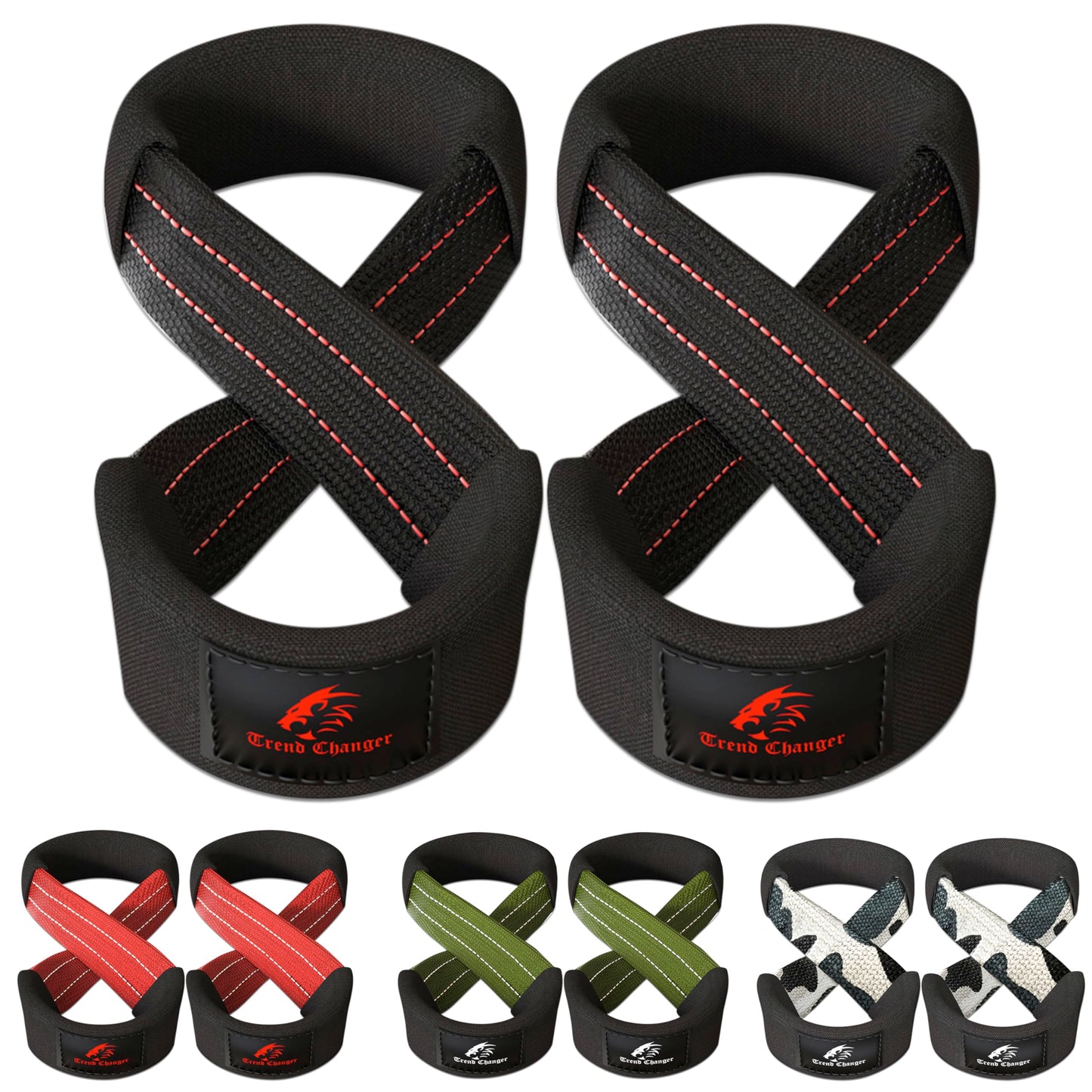 Trend Changer Figure 8 Lifting Strap Padded Deadlift Straps Heavy Duty Weight Lifting Straps Strongman Axle Bar Straps Weightlifting Wrist Wraps (Large (8.0'' & UP Wrist Circumference), Black/Red)