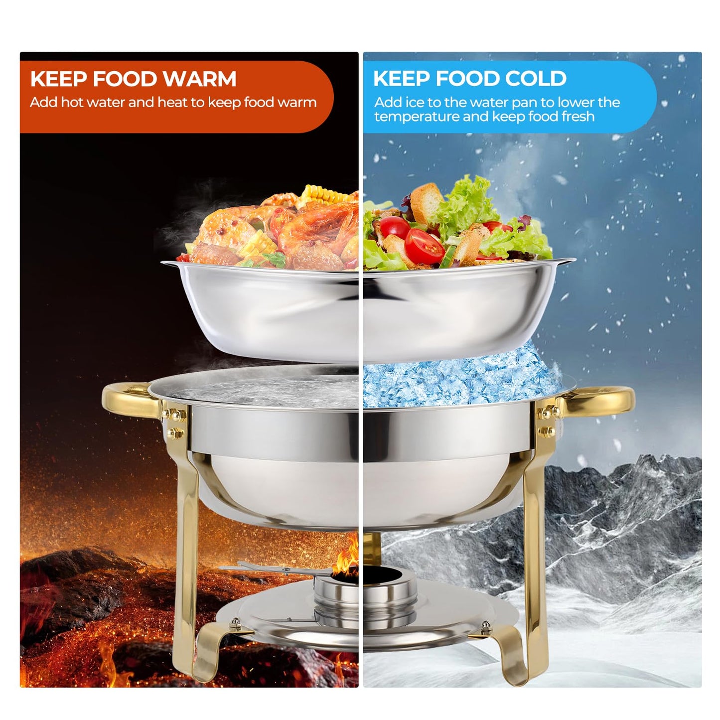 Non-Tarnish Gold Chafing Dishes for Buffet 4 Pack, 5QT Luxury Buffet Set - Scratch-Resistant & Easy-Clean Finish, Sturdy Stainless Steel Food Warmers for Catering Events and Parties