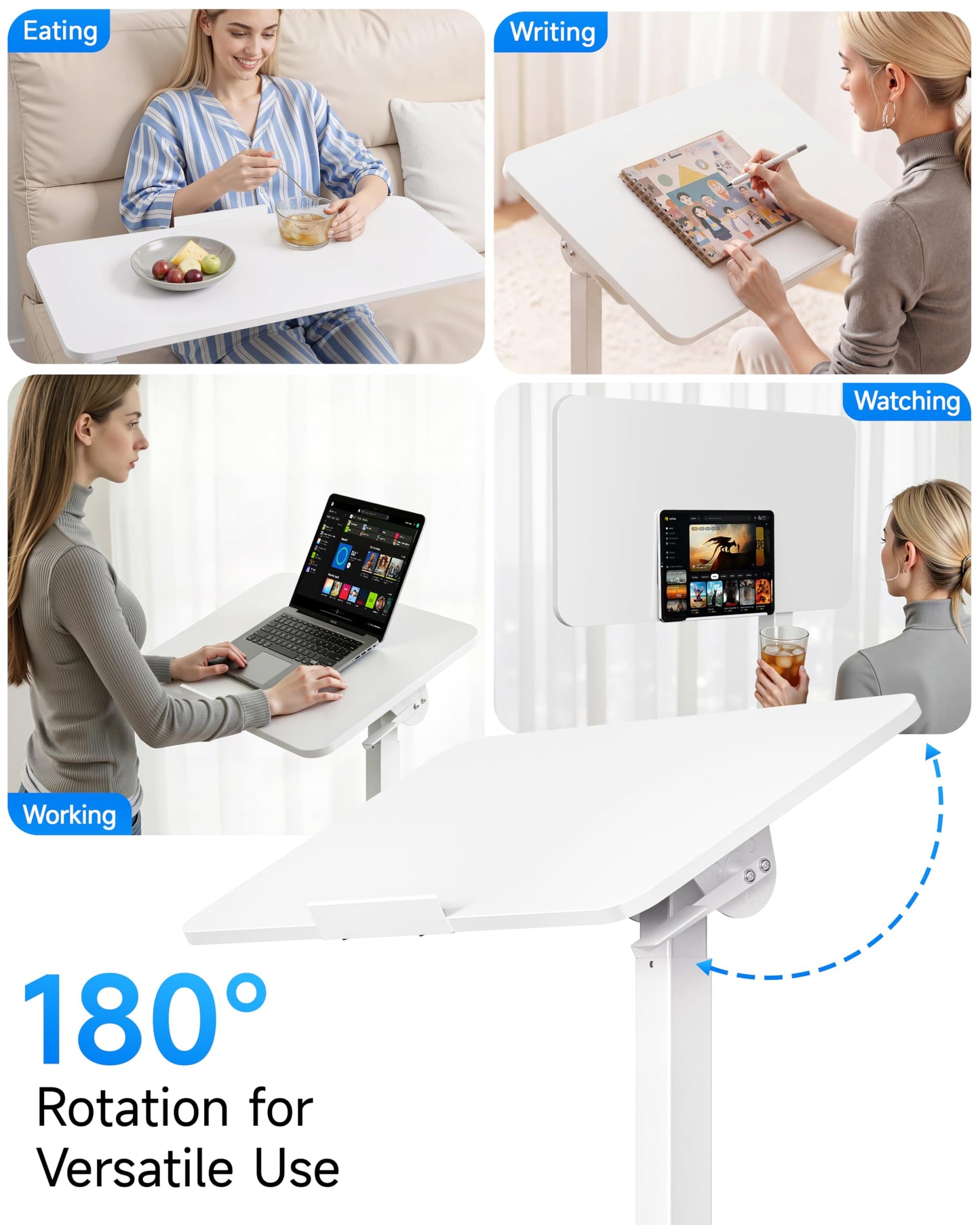 BIZUM Mobile Standing Desk Laptop Desk Pneumatic with Wheels 180° Tilt Top Hospital Bed Table Portable Rolling Cart Foldable Bedside Table for Hospital&Home Use, White