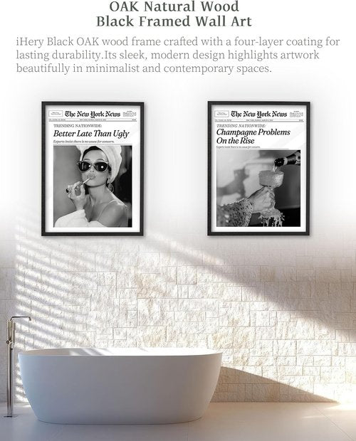 iHery Premium Natural Black Oak Wood Wall Art - Trendy Champagne Problems Newspaper Print | 8x10in Framed Canvas Decor for Dorm & Living Room