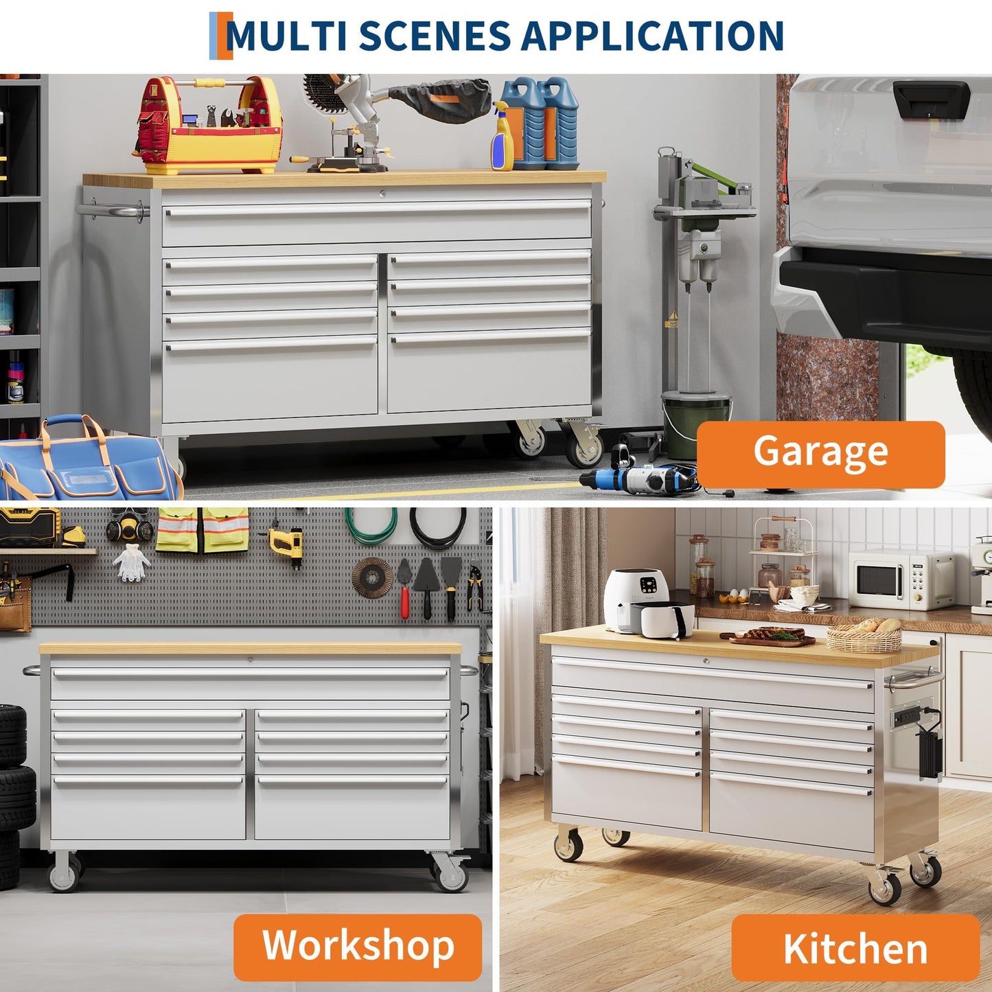 61-Inch Heavy-Duty Rolling Tool Chest & Mobile Workbench with 9 Drawers, Steel Storage Cabinet, Rubber Wood Tabletop, Key Locking System and Drawer Liners for Garage, Workshop, Repair Shop, Silver