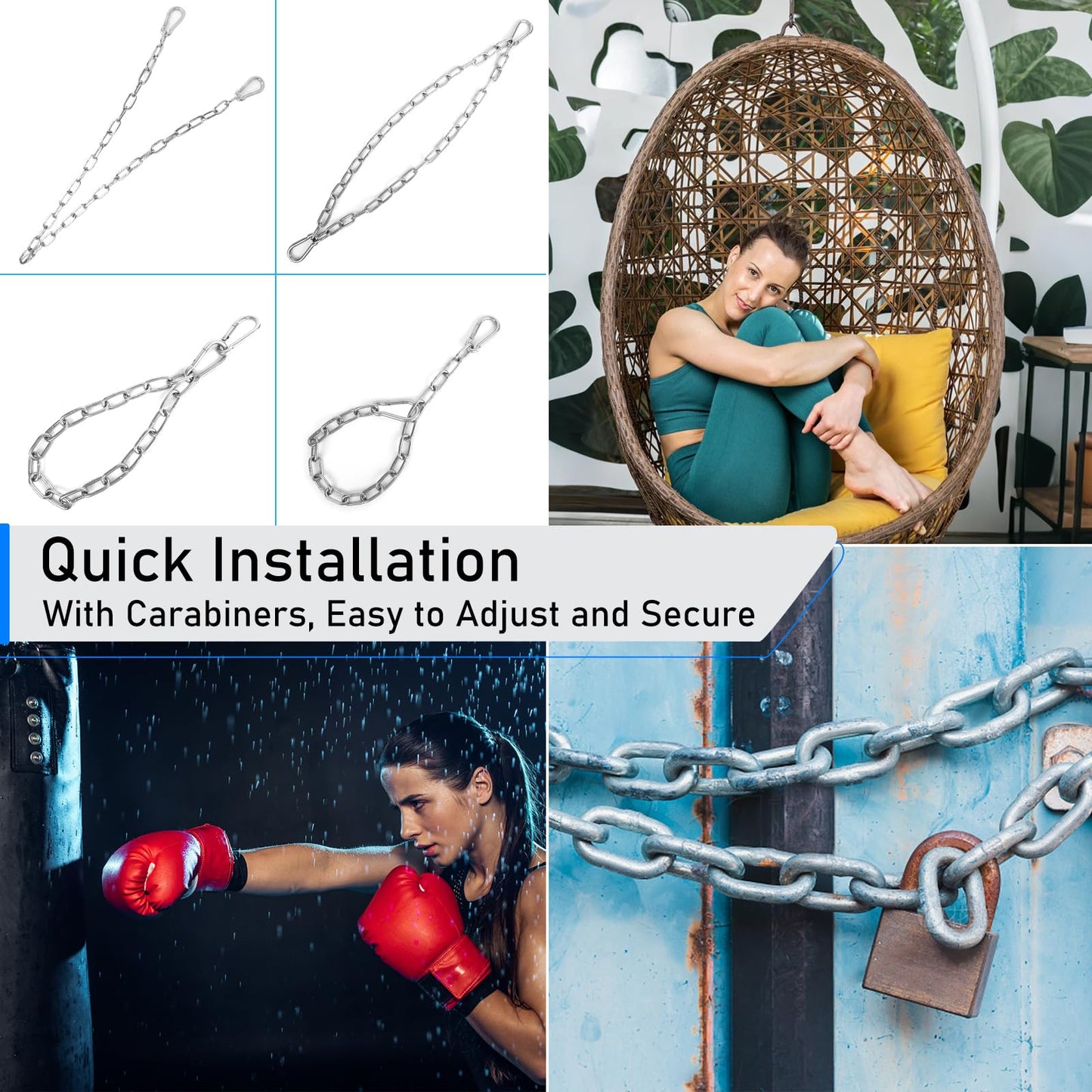 2 Pack 30 Inch Heavy Duty Chains, 1/5 Inch Thick Steel Hanging Chain with Spring Snap, Easy to Install Chain Extender for Punching Boxing Bag, Hammock, Porch Yoga Trapeze Swing, Silver, 440LB