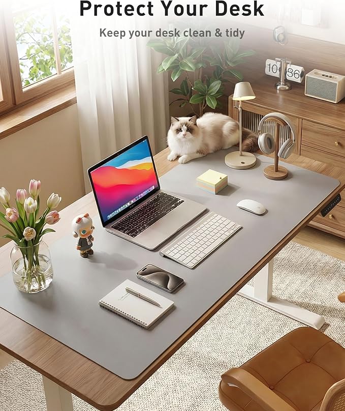 Aothia Faux Leather Desk Mat - Large Mouse Pad, Non-Slip PU Leather Blotter, Waterproof Writing Surface for Office and Home (Light Grey, 40" x 24")