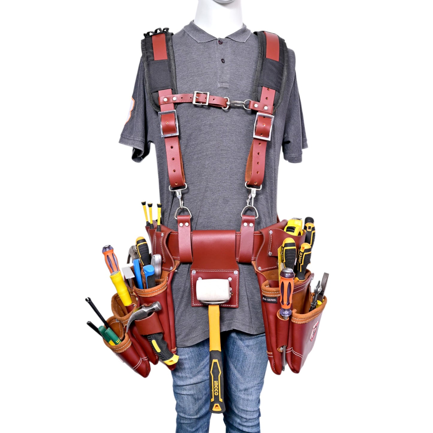 Rig Gears Leather Tool Belt with Suspender Detachable D-Loop Adjustable Padded Suspender Full Grain Leather Work Belt for Construction, Carpenters, Electricians, Farming Oil Tanned