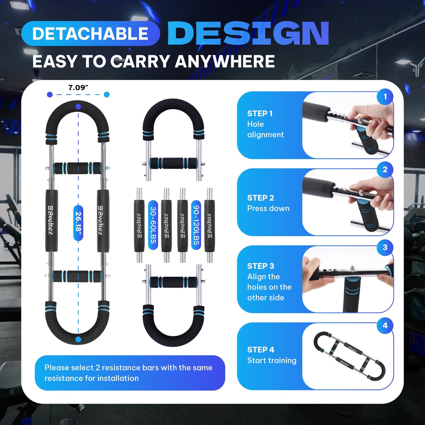 Sveltez Twister Arm Trainer for Men & Women – Upper Body Strength Bar, Chest Expander & Forearm Exerciser, Heavy-Duty Home Workout Equipment for Arm Muscle Training, 30-120 lbs Resistance (Blue)