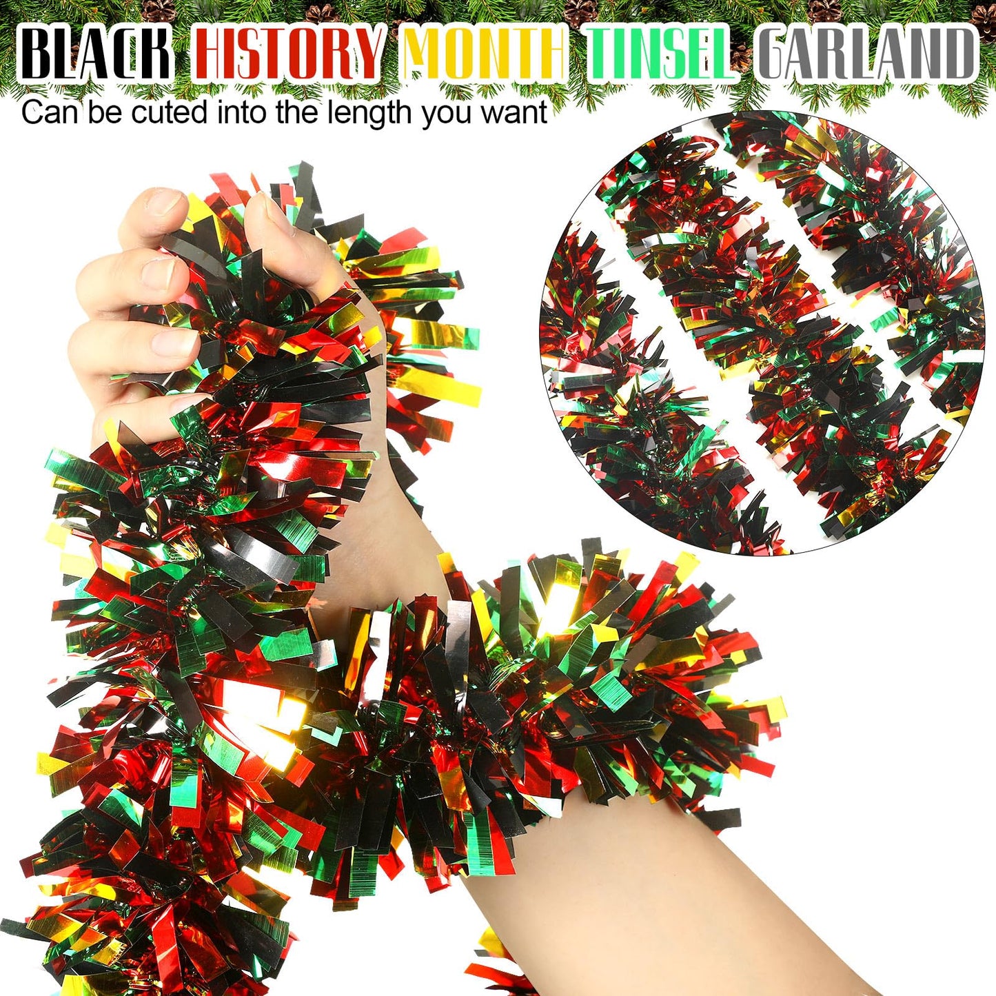XunYee 2 Pcs 39.4 ft Juneteenth Tinsel Garland Decorations Black Green Yellow Shiny Metallic Garland Freedom Day Decoration for Juneteenth Memorial Emancipation Day Patriotic African American Party
