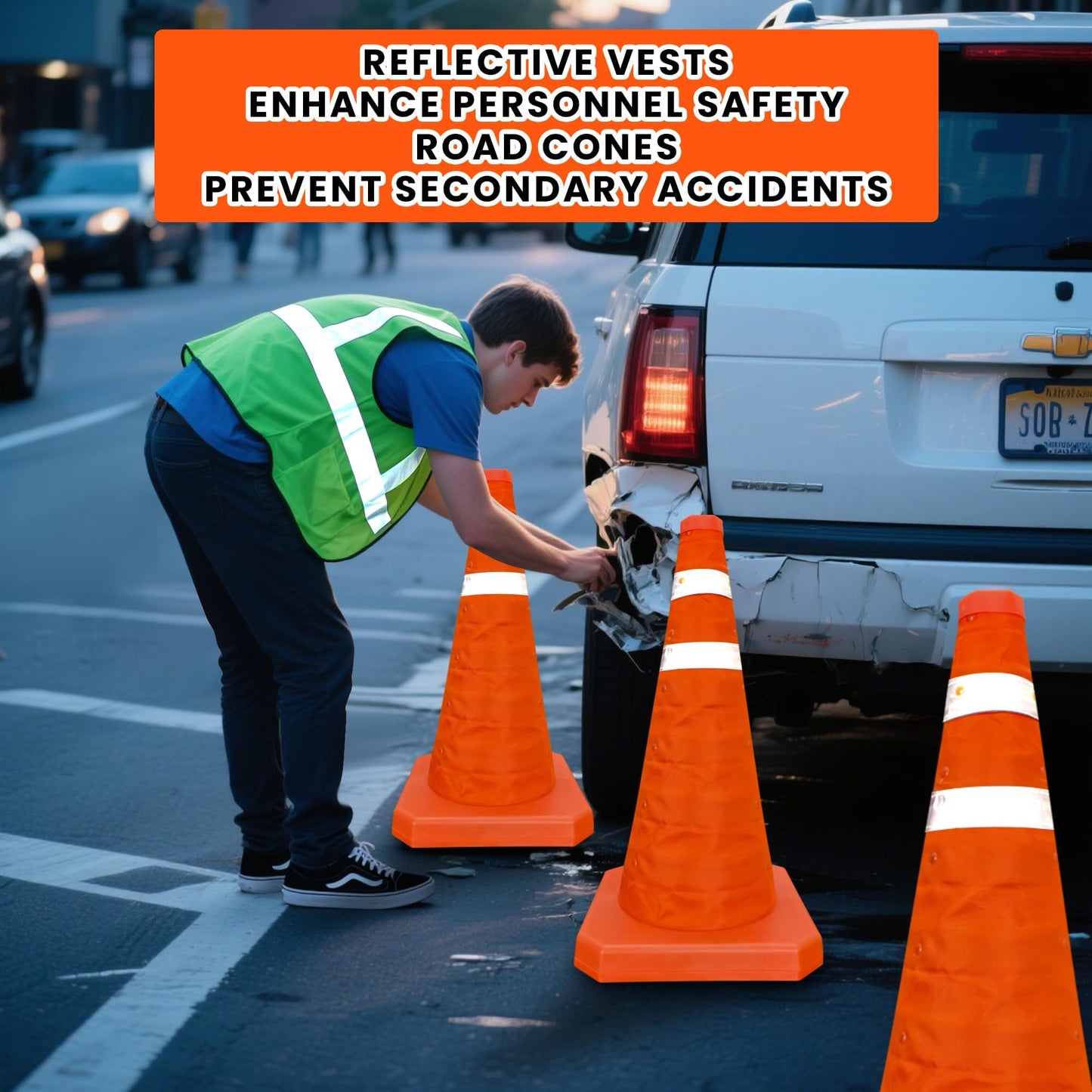 18 Inch 1 Pack Collapsible Traffic Safety Cones,with High-Visibility Reflective Vest, Multi Purpose Pop-up Cones with Reflective Collar for Road Safety, Orange Cones for Driving Training, Parking Lots