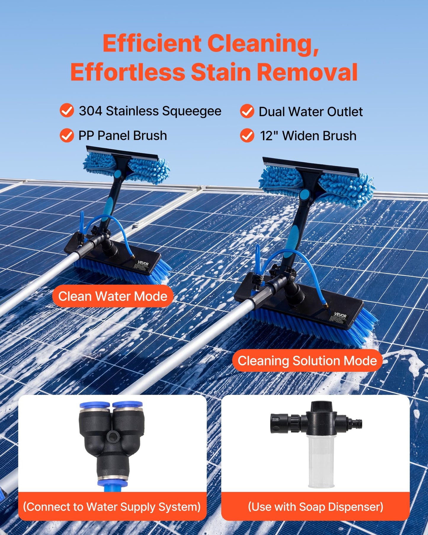 VEVOR Solar Panel Cleaning Kit, 26 ft, Water Fed Pole Kit with Cleaning Brush, Soap Dispenser, Extendable Aluminum Telescopic Pole, 180° Rotatable Brush Head, for Roof Mounted Solar Panels, Windows