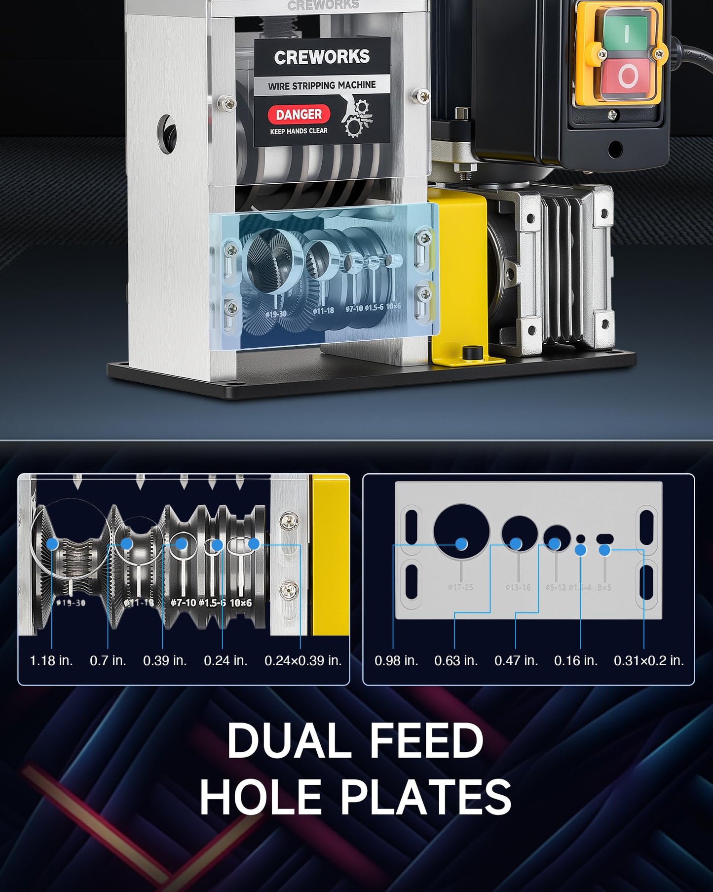 CREWORKS 180W Motor Automatic Wire Stripper Machine, 5 Blade Electric Wire Stripping Machine for 0.06"-1.18" (1.5-30 mm) Scrap Wire with 2 Feed Plates Foot Pedal Switch Sharpening Rod