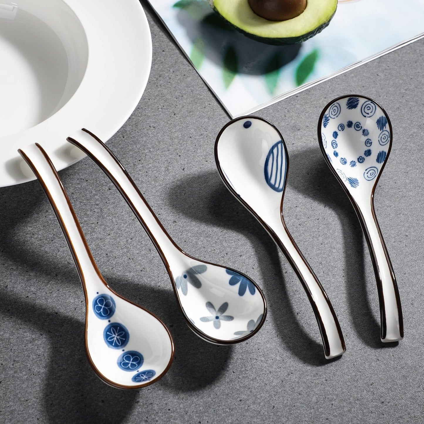 Ceramic Soup Spoons Set of 4 Porcelain Japanese Soup Spoon Long Handle Asian Soup Spoon Sets for Pho Ramen Noodles Wonton Dumpling Rice (Model 6#)